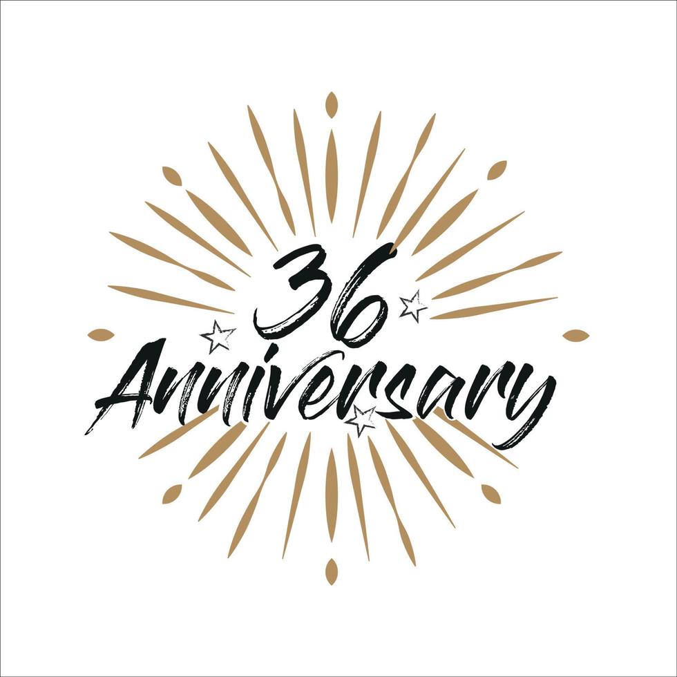 36 years anniversary retro vector emblem isolated template. Vintage logo with ribbon and fireworks on white background
