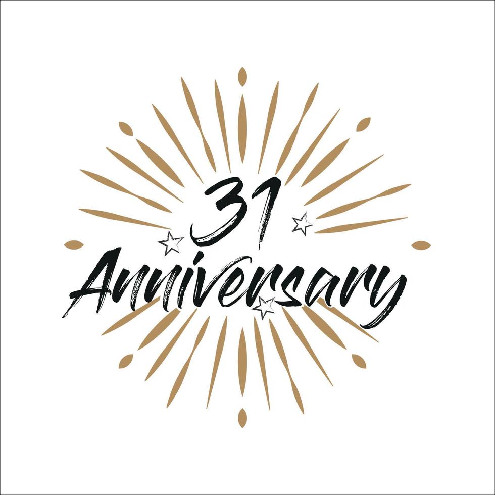 31 years anniversary retro vector emblem isolated template. Vintage logo with ribbon and fireworks on white background