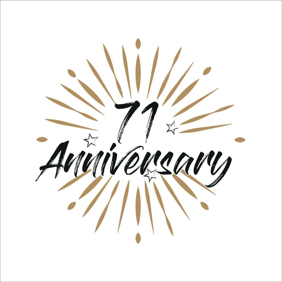 71 years anniversary retro vector emblem isolated template. Vintage logo with ribbon and fireworks on white background