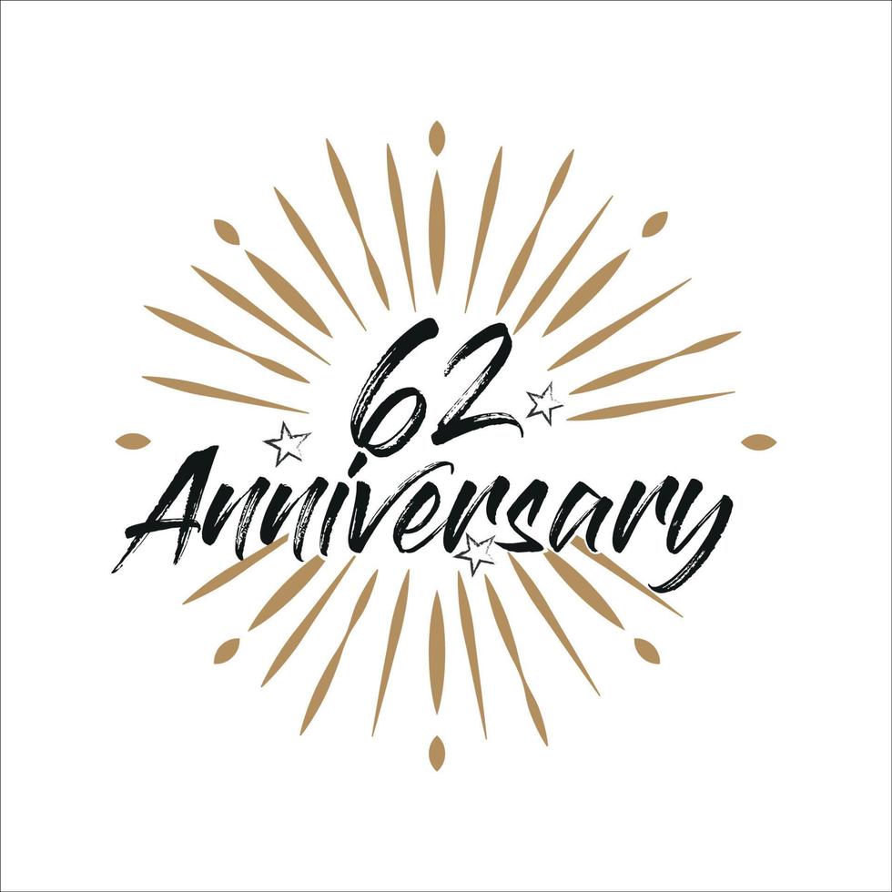 62 years anniversary retro vector emblem isolated template. Vintage logo with ribbon and fireworks on white background