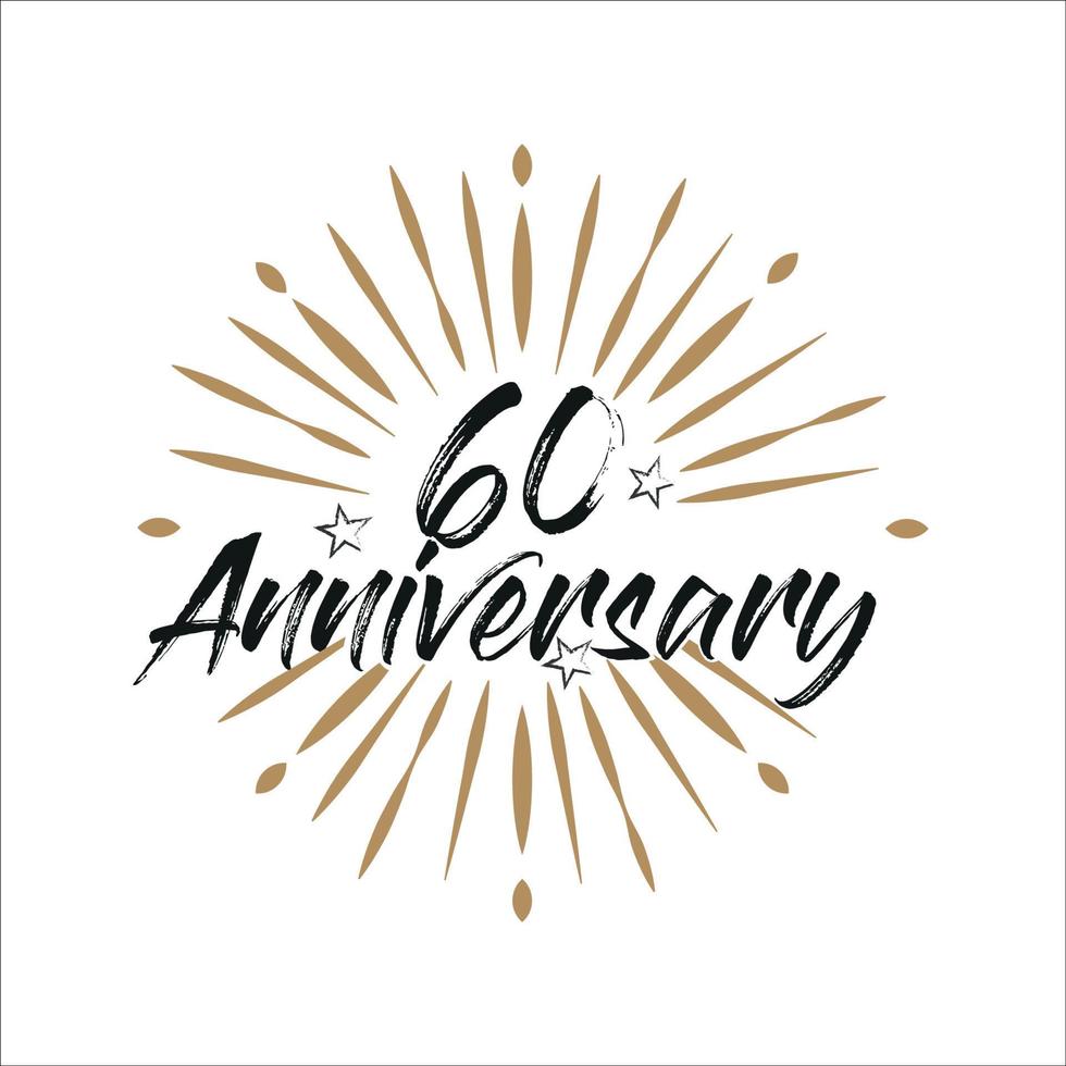 60 years anniversary retro vector emblem isolated template. Vintage logo with ribbon and fireworks on white background
