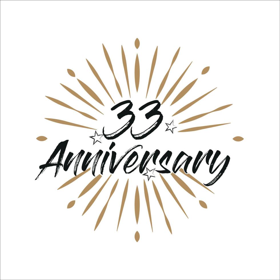 33 years anniversary retro vector emblem isolated template. Vintage logo with ribbon and fireworks on white background