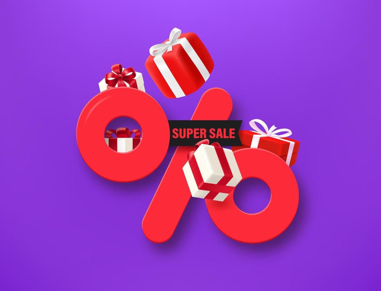 Shopping offer with percentage sign and gift boxes. Super sale. 3d vector illustration