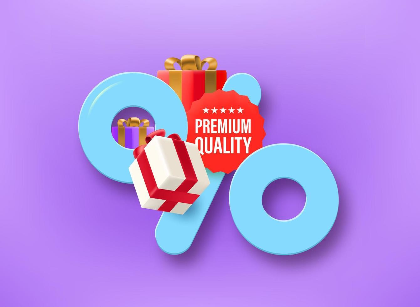 Shopping offer label with percentage sign and Premium quality sticker. 3d vector illustration
