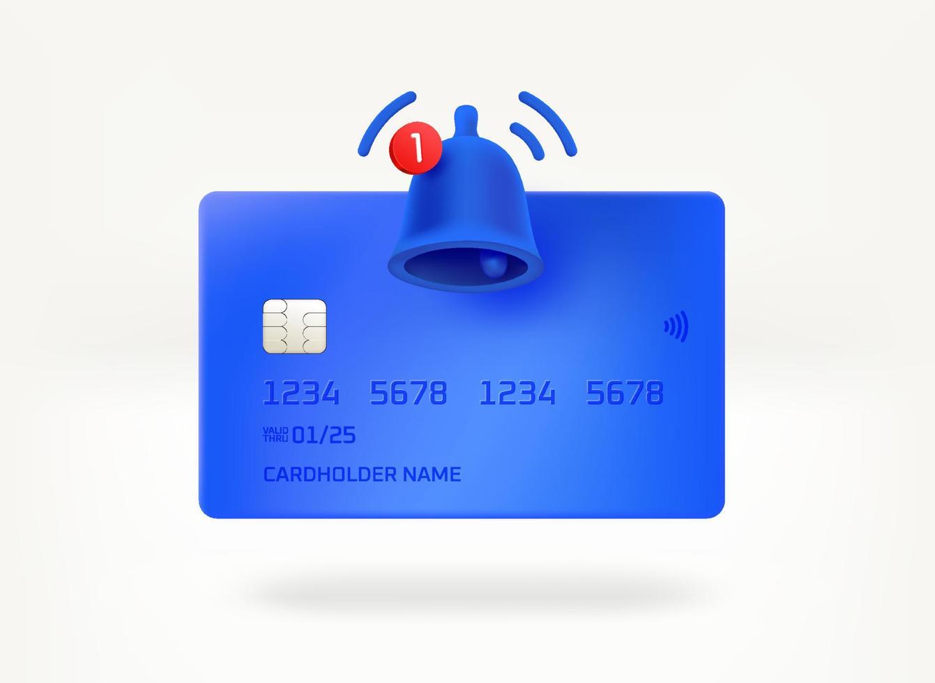 Plastic banking card with notification icon. 3d vector illustration