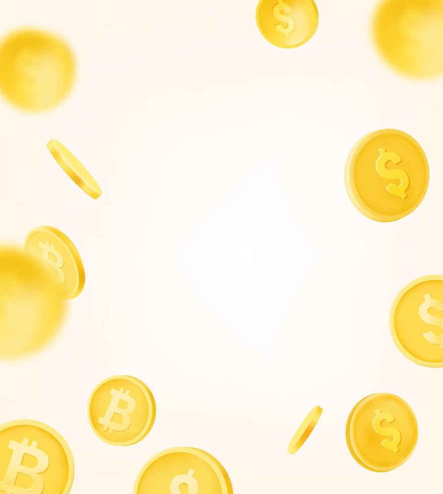 Golden coins falling down. 3d vector banner with copy space