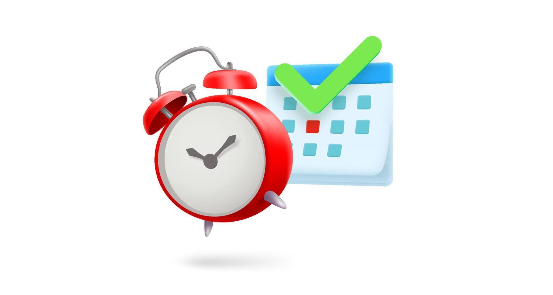Red alarm clock with calendar. 3d vector illustration