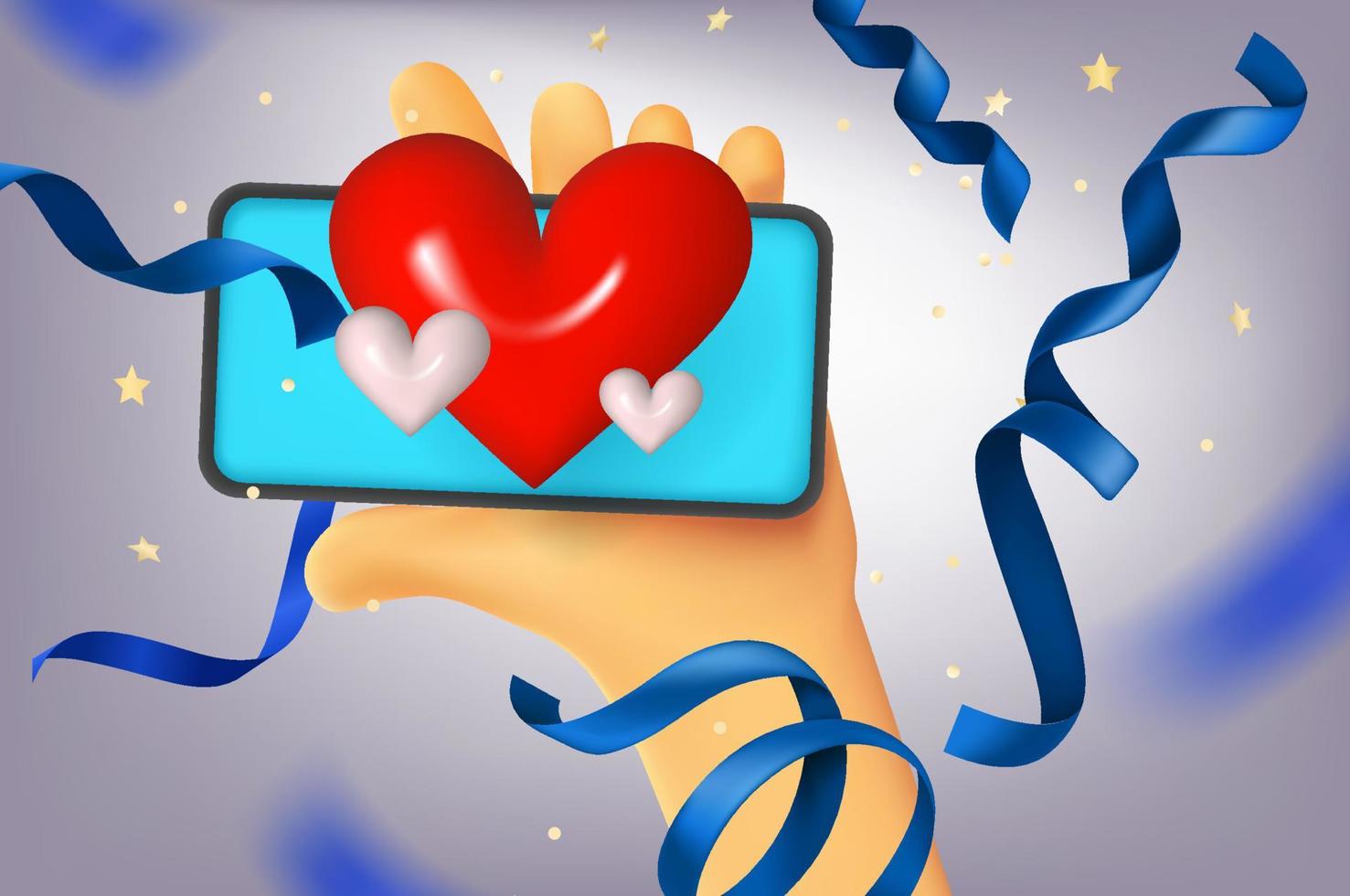 Man holding modern smartphone with hearts symbols on the screen. 3d vector illustration