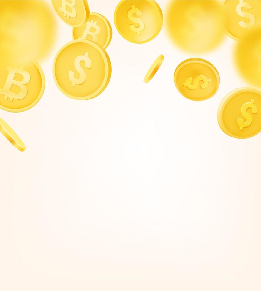 Golden coins falling down. 3d vector banner with copy space