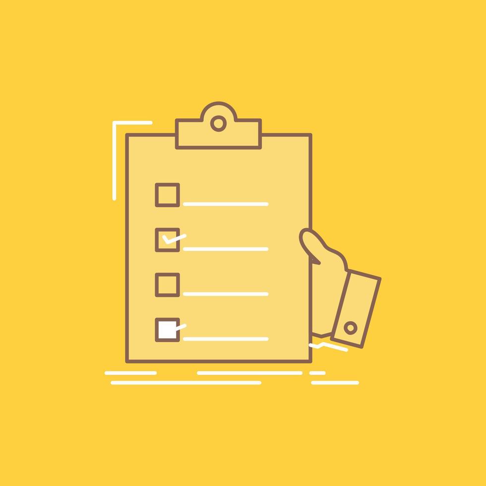 checklist. check. expertise. list. clipboard Flat Line Filled Icon. Beautiful Logo button over yellow background for UI and UX. website or mobile application vector