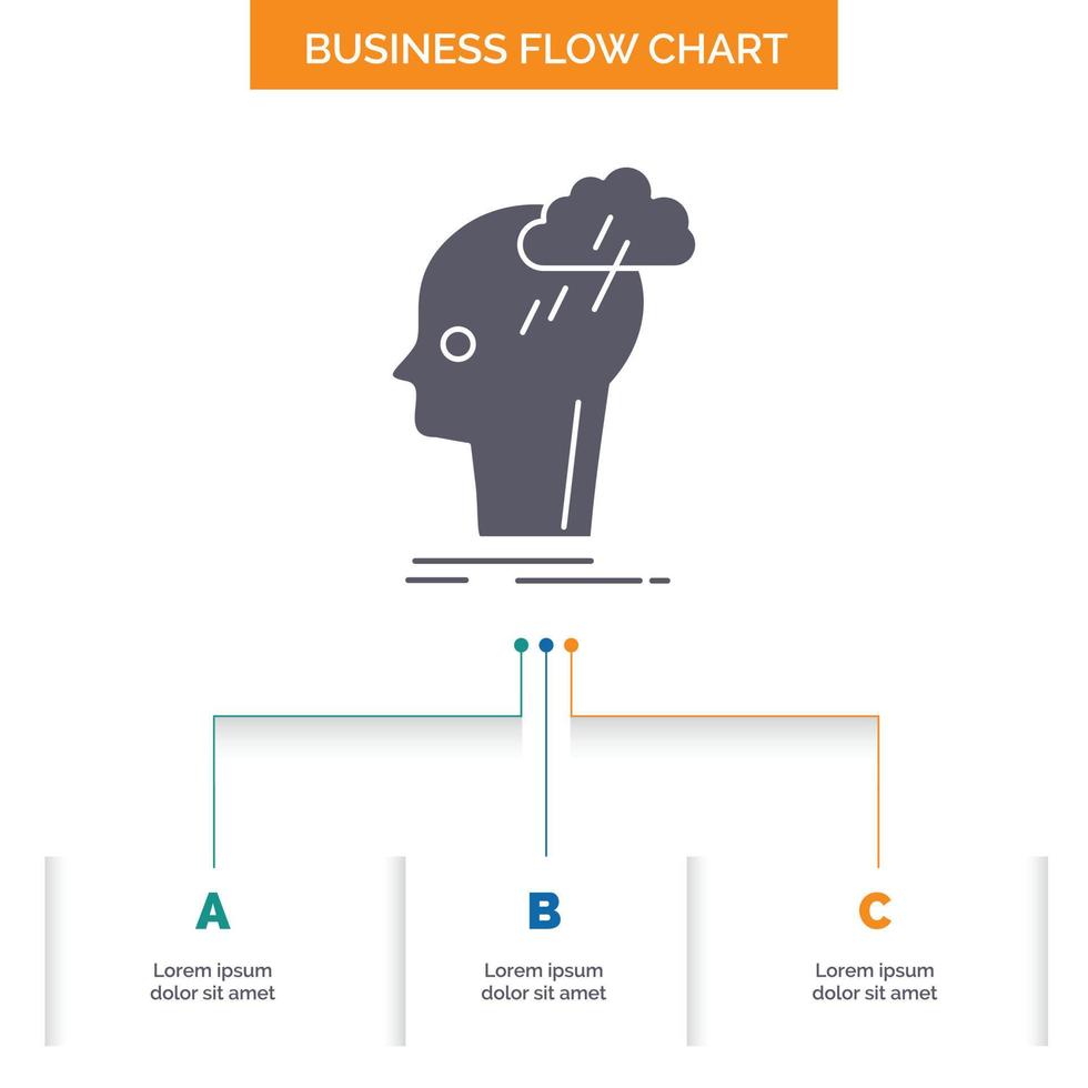 Brainstorm. creative. head. idea. thinking Business Flow Chart Design with 3 Steps. Glyph Icon For Presentation Background Template Place for text. vector