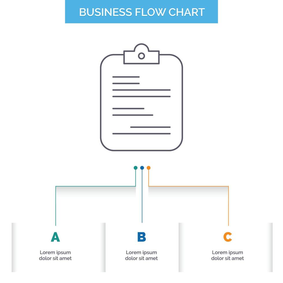 report. medical. paper. checklist. document Business Flow Chart Design with 3 Steps. Line Icon For Presentation Background Template Place for text vector