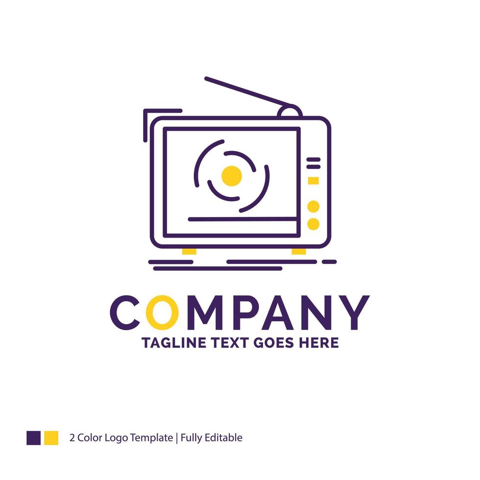 Company Name Logo Design For tv. ad. advertising. television. set. Purple and yellow Brand Name Design with place for Tagline. Creative Logo template for Small and Large Business. vector
