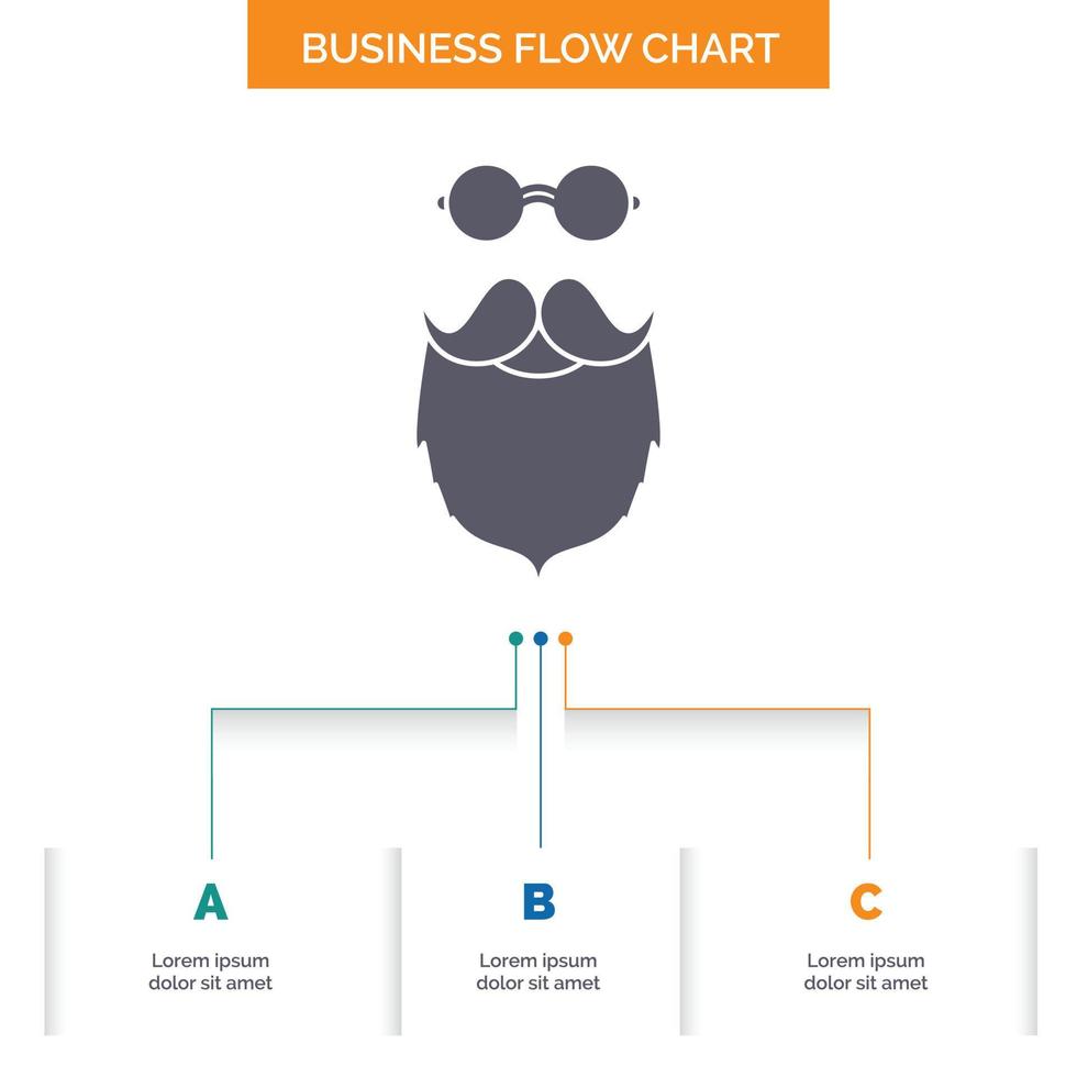 bigote. inconformista. movimiento soportado diseño de diagrama de flujo de negocios de hombres con 3 pasos. icono de glifo para el lugar de plantilla de fondo de presentación para texto. vector