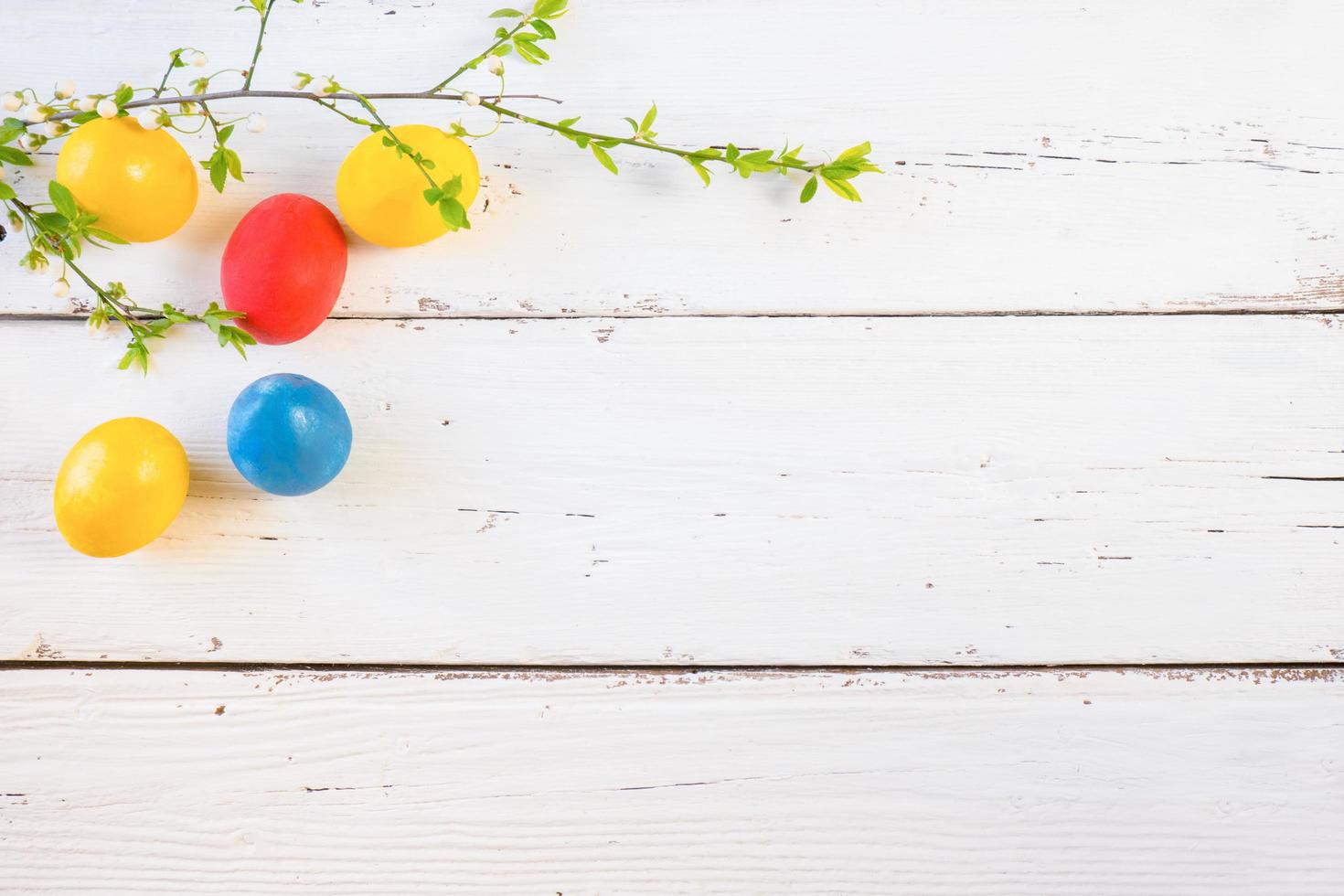 Colorful Easter eggs with spring blossom flowers isolated over white background. Colored Egg Holiday border. photo