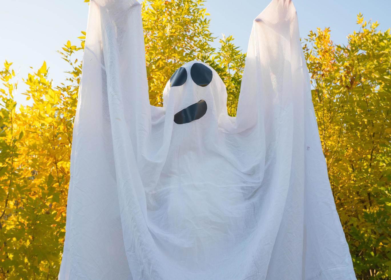 Halloween ghost, dancing in the autumn yellow forest, waving his hands. A merry ghost in a white sheet. photo