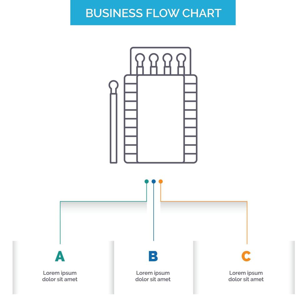 matches. camping. fire. bonfire. box Business Flow Chart Design with 3 Steps. Line Icon For Presentation Background Template Place for text vector