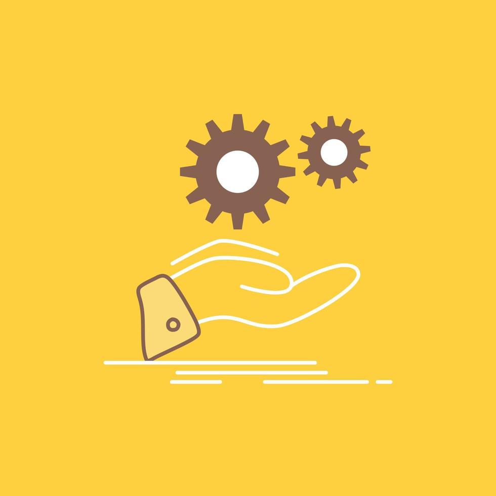 solution. hand. idea. gear. services Flat Line Filled Icon. Beautiful Logo button over yellow background for UI and UX. website or mobile application vector