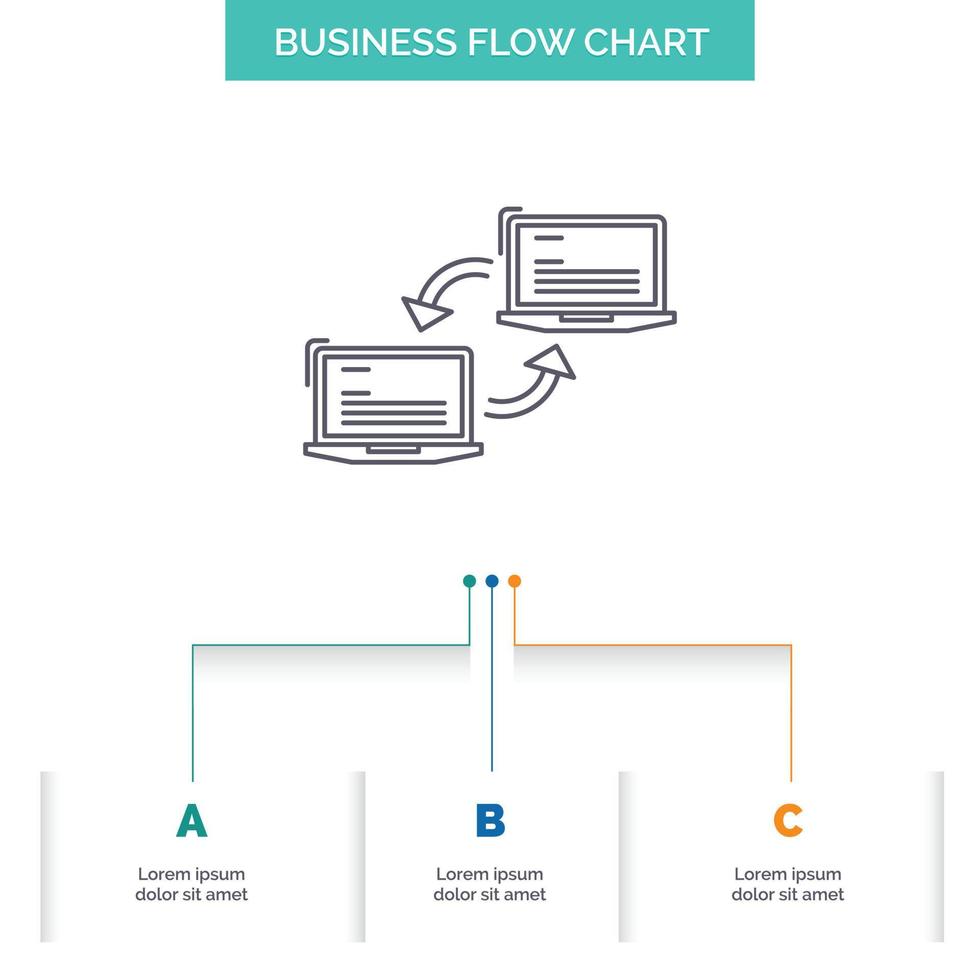 computadora. conexión. Enlace. la red. sincronice el diseño del diagrama de flujo empresarial con 3 pasos. icono de línea para el lugar de plantilla de fondo de presentación para texto vector