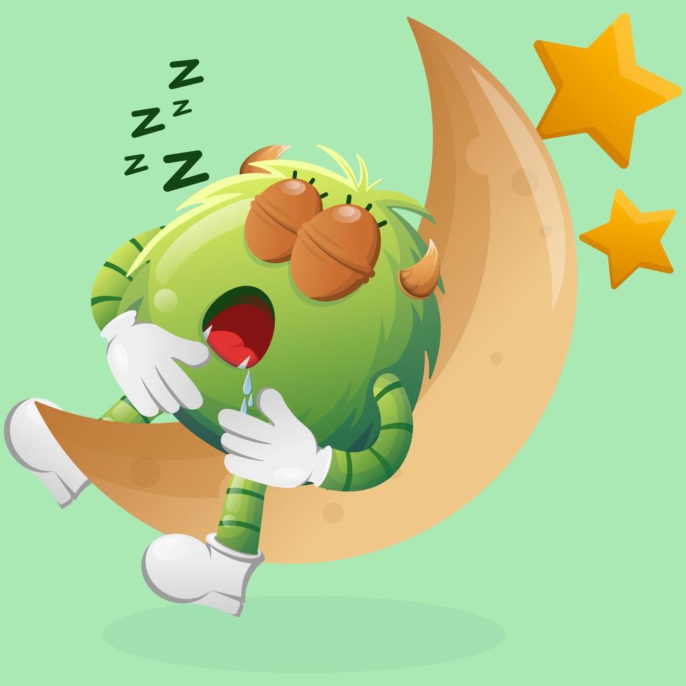 Cute green monster sleeping, sleeping on the moon vector