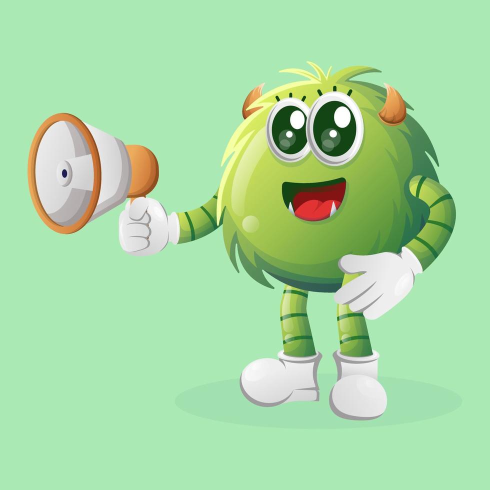 Cute green monster holding megaphone vector