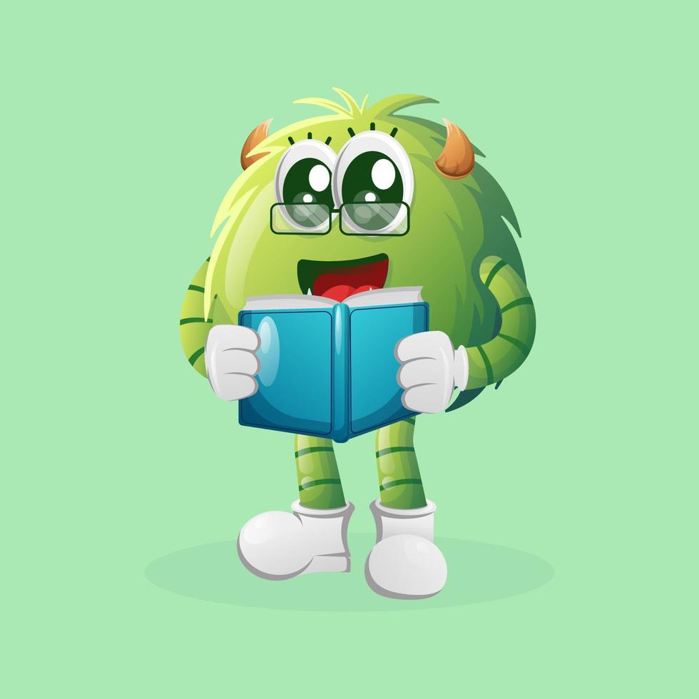 Cute green monster reading a book vector