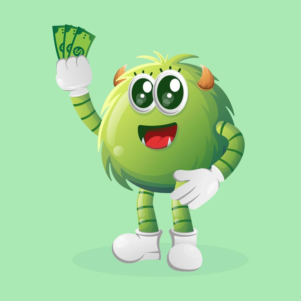Cute green monster holding money vector