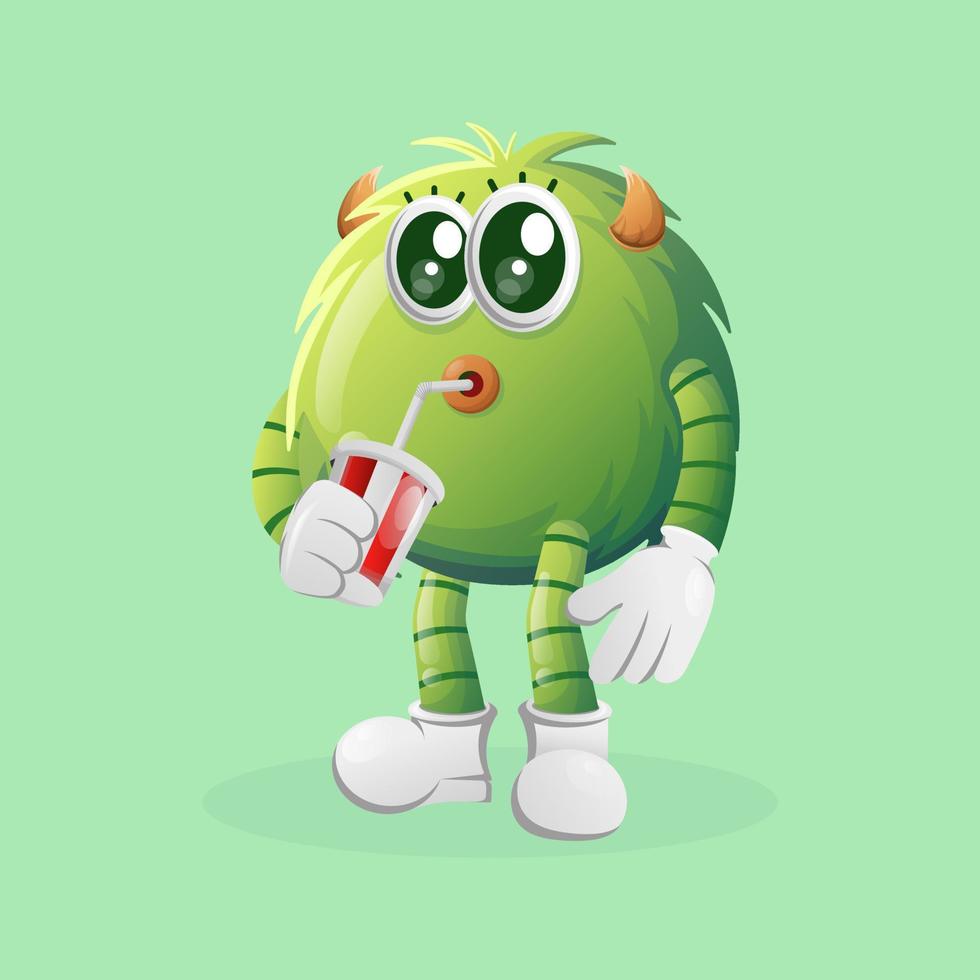 lindo monstruo verde bebiendo refrescos, cola vector