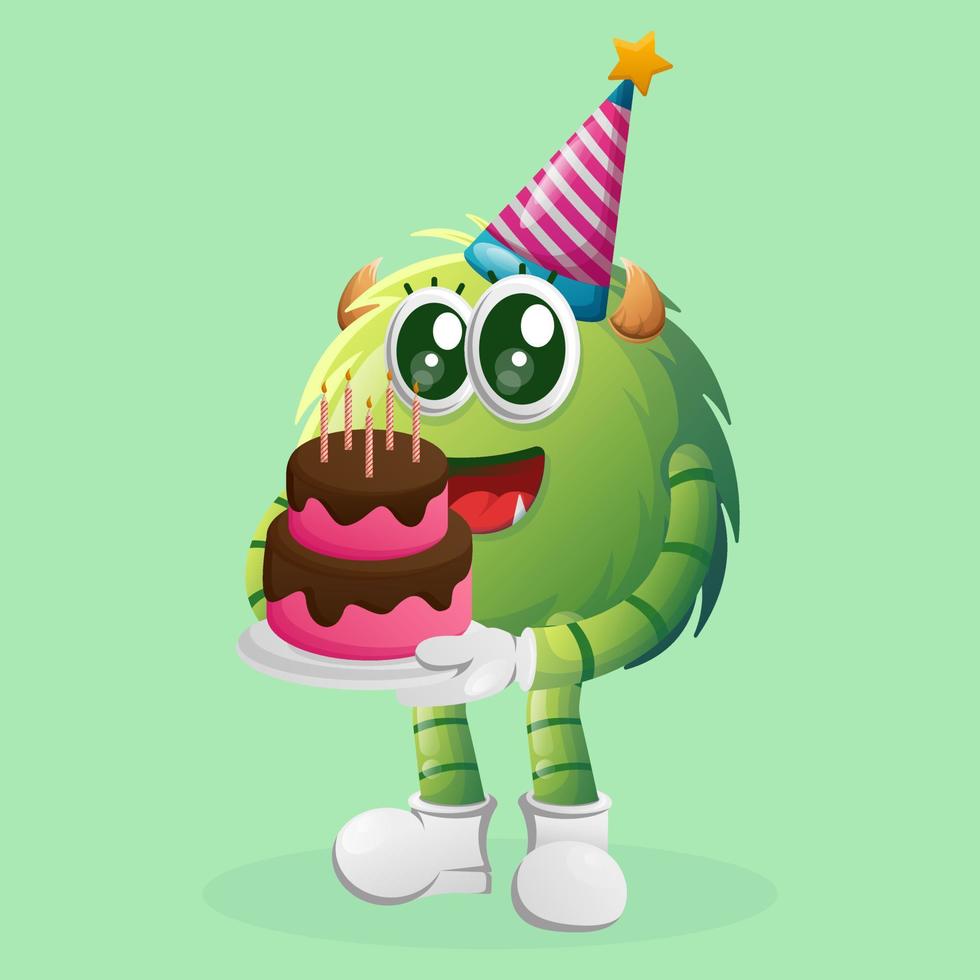 lindo monstruo verde con un sombrero de cumpleaños, sosteniendo un pastel de cumpleaños vector