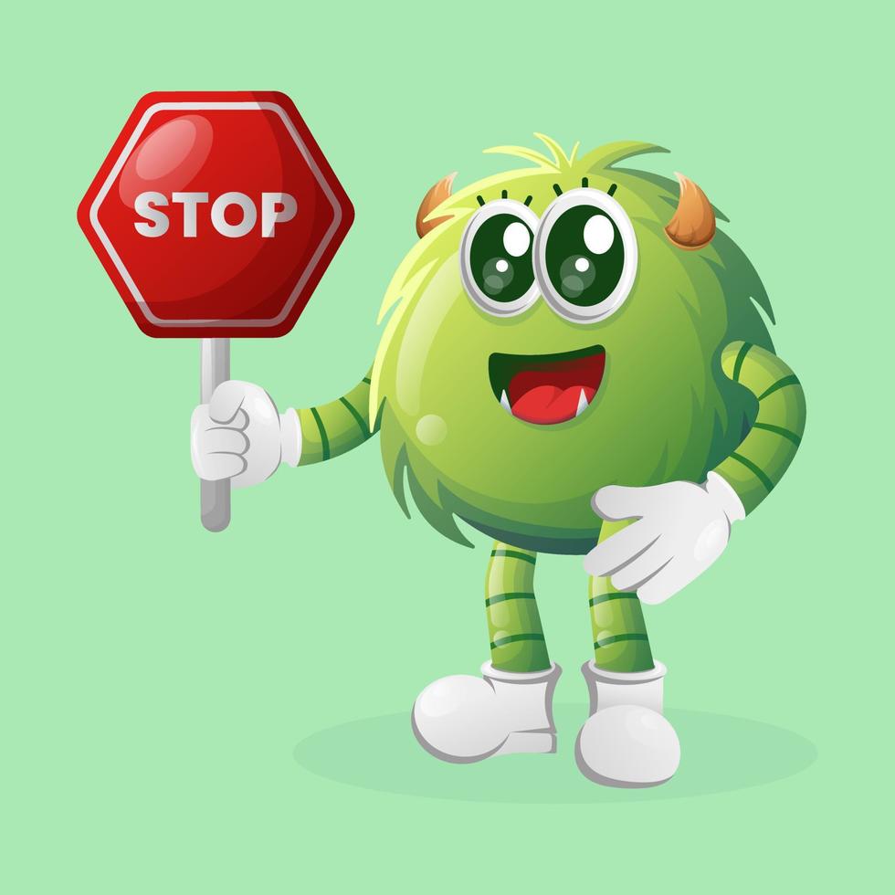 lindo monstruo verde con señal de stop, letrero de calle, señal de tráfico vector