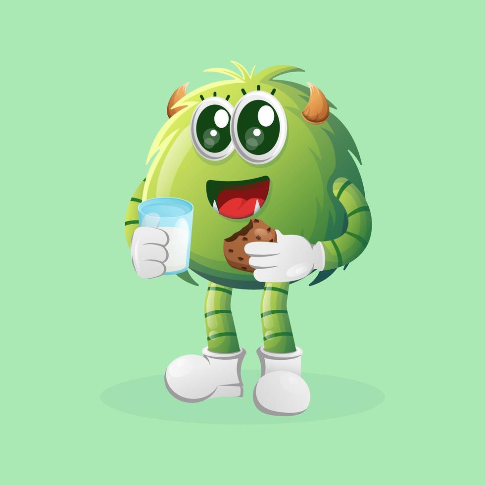 Cute green monster drink milk and eat cookie vector
