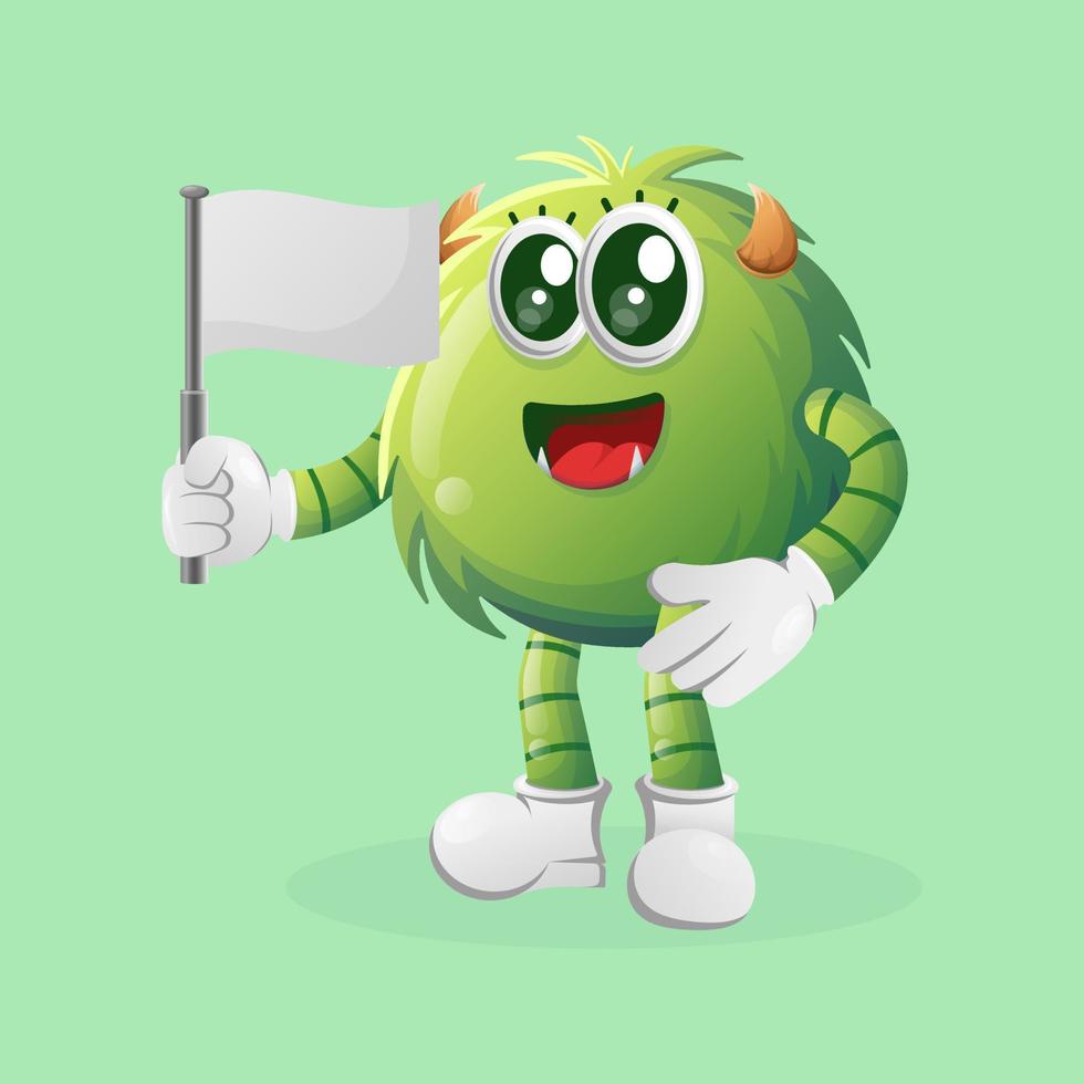 Cute green monster waving white empty flag vector