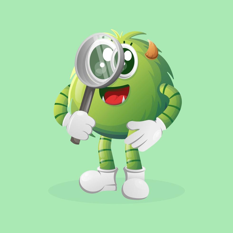 Cute green monster conducting research, holding a magnifying glass vector