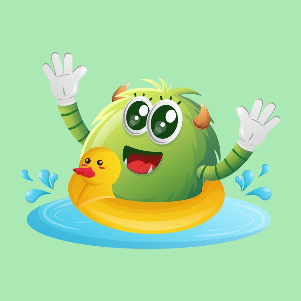 Cute green monster swimming wearing rubber duck tube vector