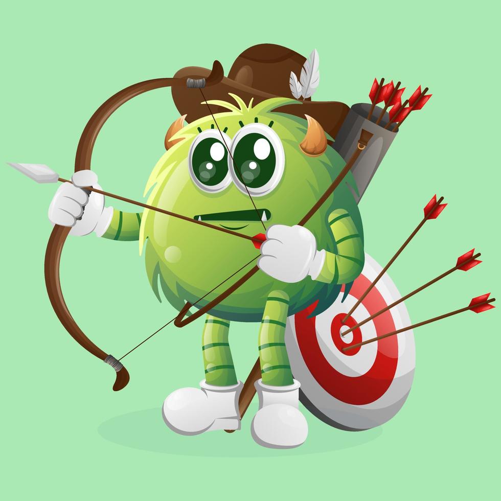 Cute green monster playing archery vector