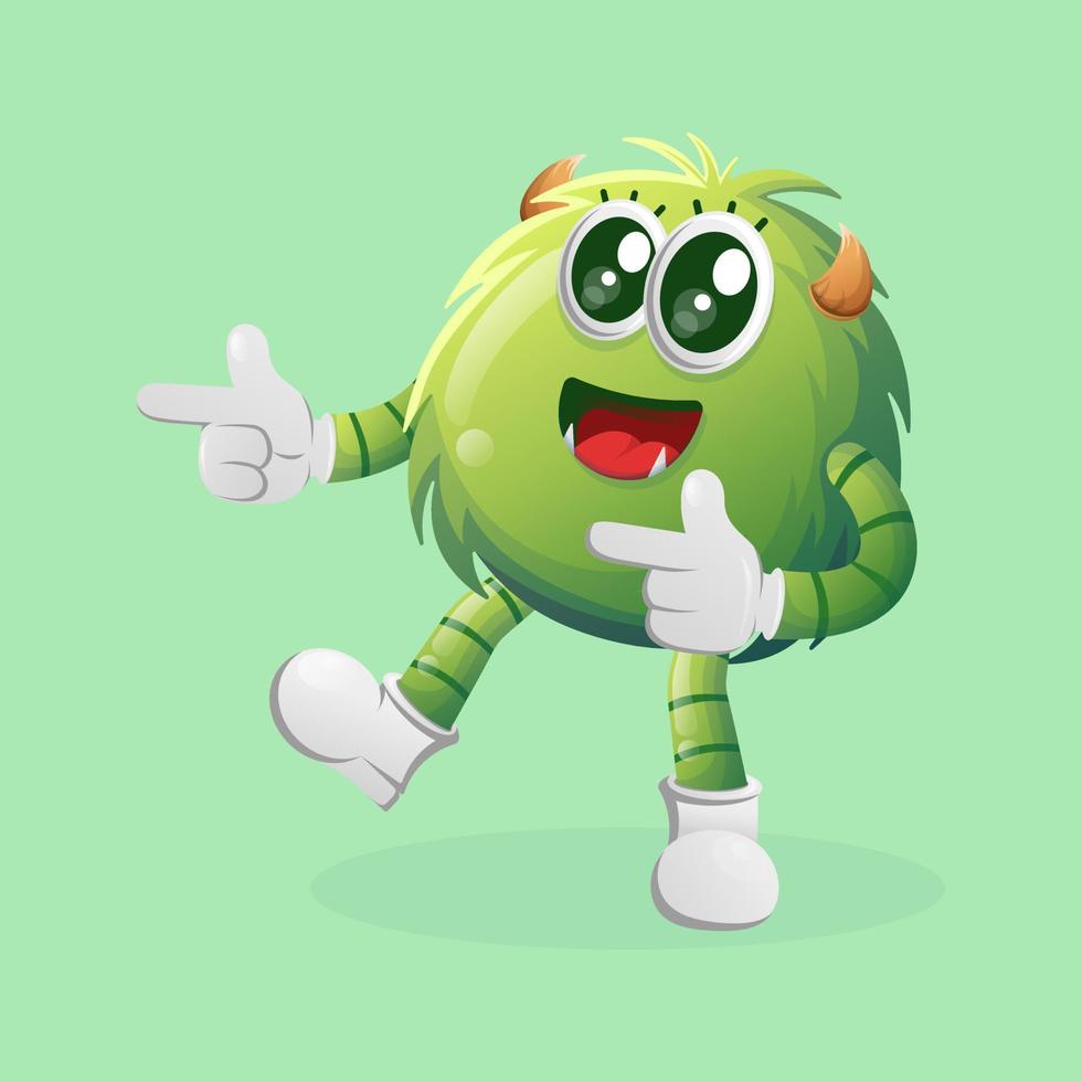 Cute green monster playful with pointed hand vector