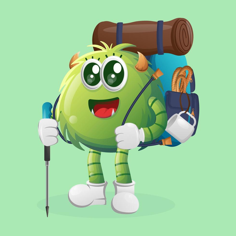 Cute green monster adventure trekking vector