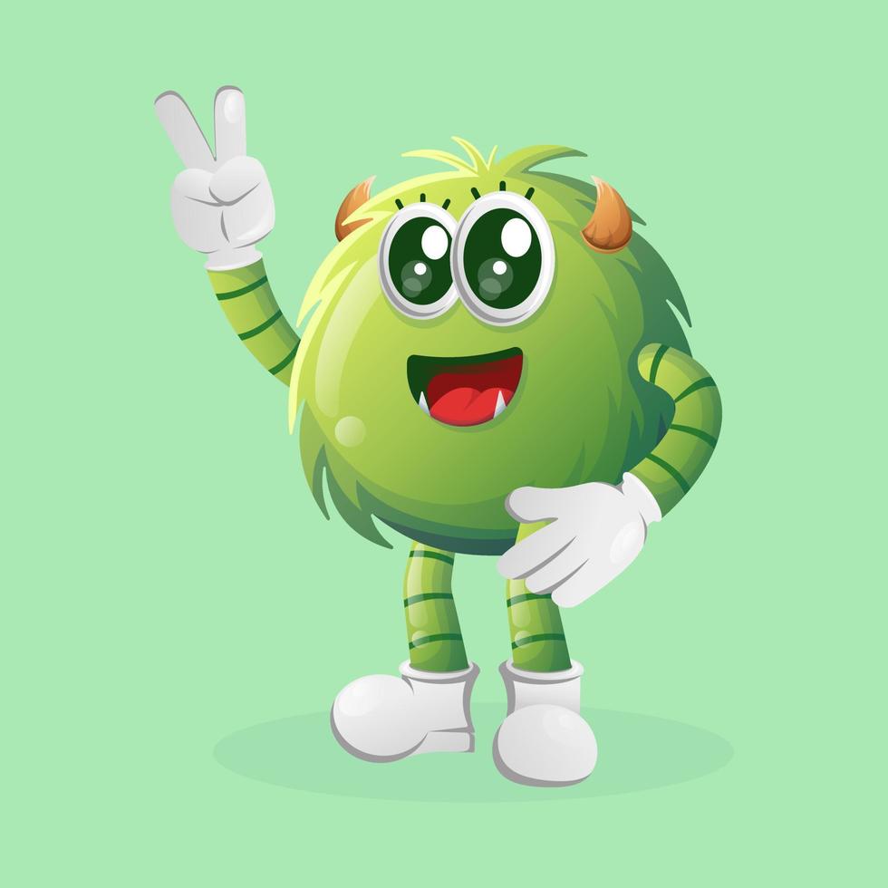Cute green monster with peace hand vector