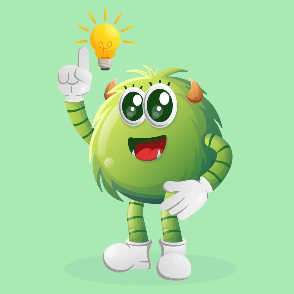 Cute green monster got an idea, bulb idea, inspiration vector