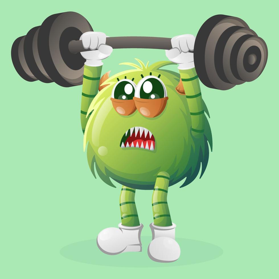 Cute green monster bodybuilding with barbell vector