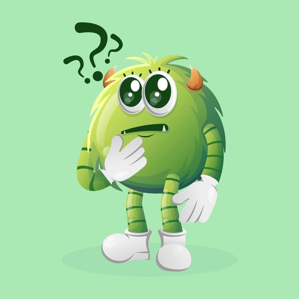 Cute green monster asking questions vector