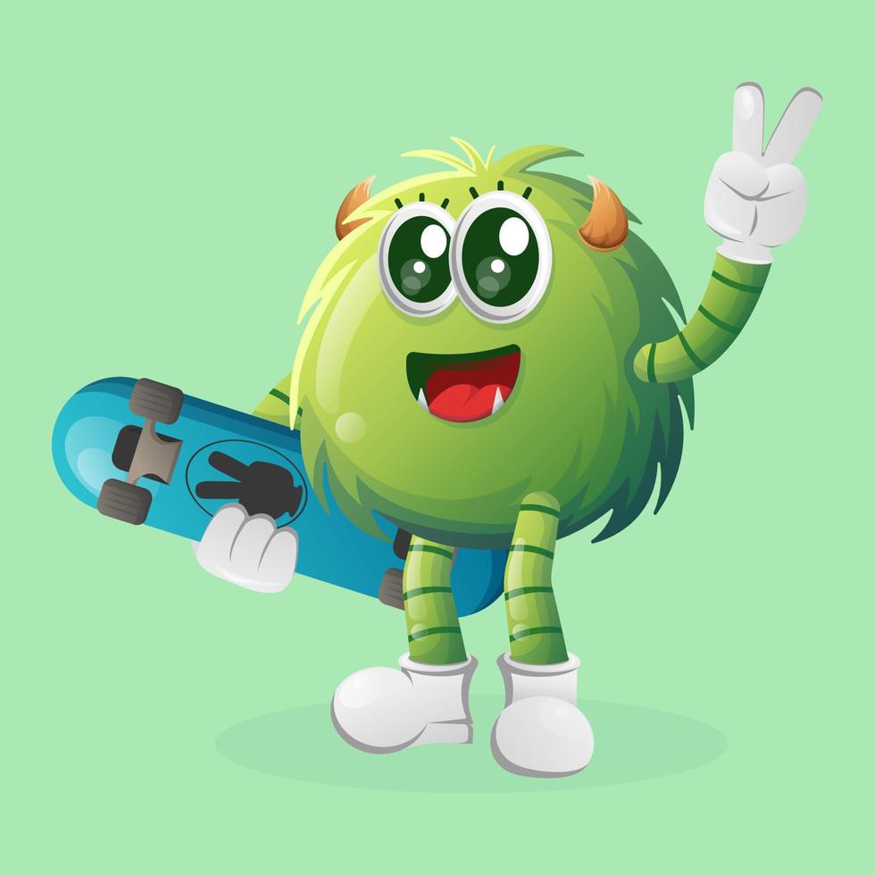 Cute green monster carrying a skateboard vector