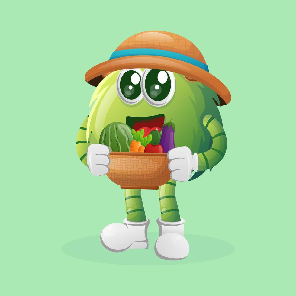 Cute green monster carries variety of fresh vegetables and fruits vector