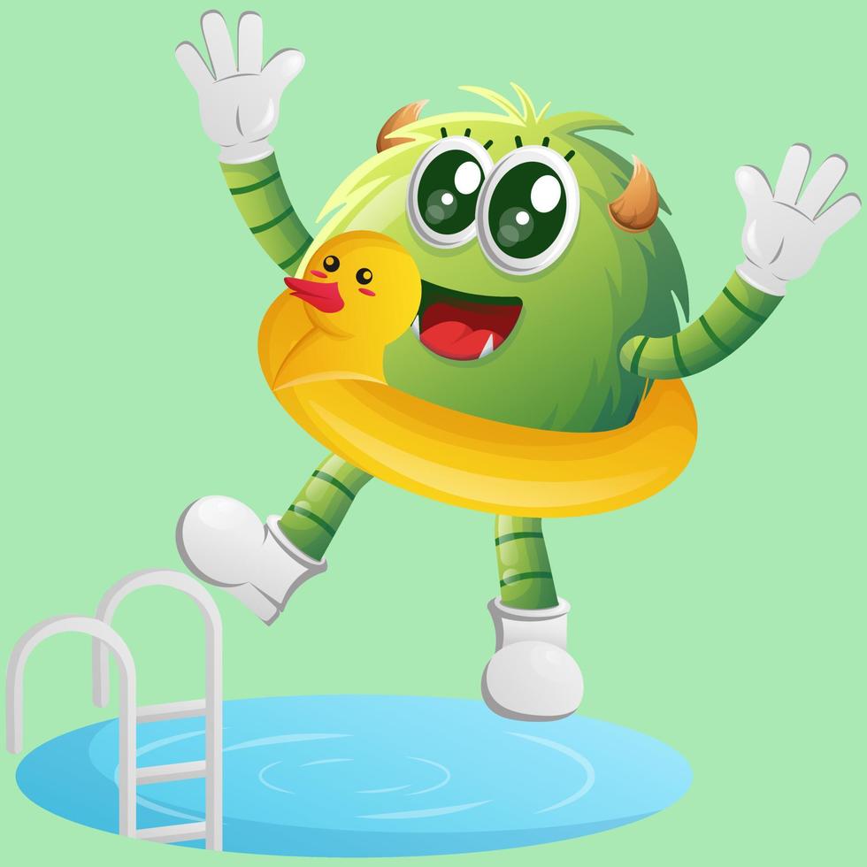 lindo monstruo verde nadando con un tubo de pato de goma vector