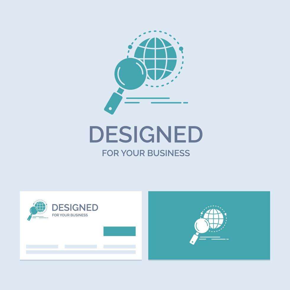 global. globe. magnifier. research. world Business Logo Glyph Icon Symbol for your business. Turquoise Business Cards with Brand logo template. vector