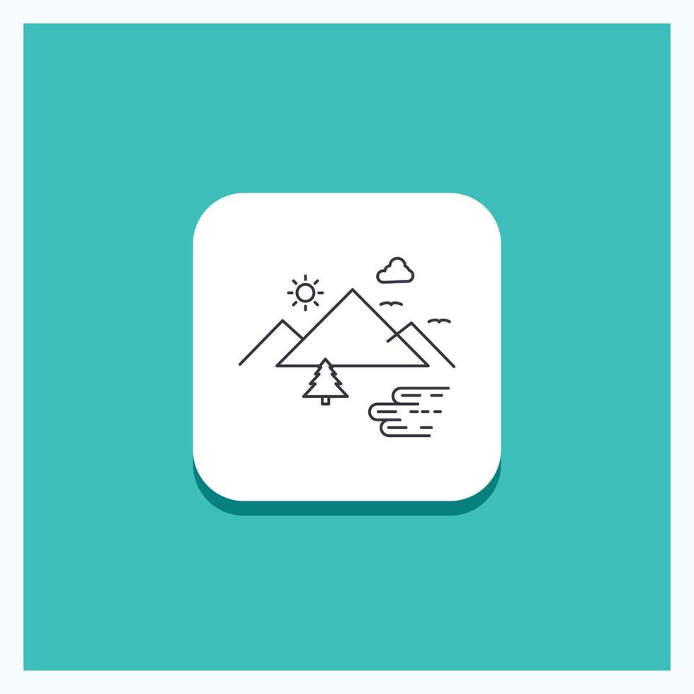 Round Button for Mountains. Nature. Outdoor. Clouds. Sun Line icon Turquoise Background vector