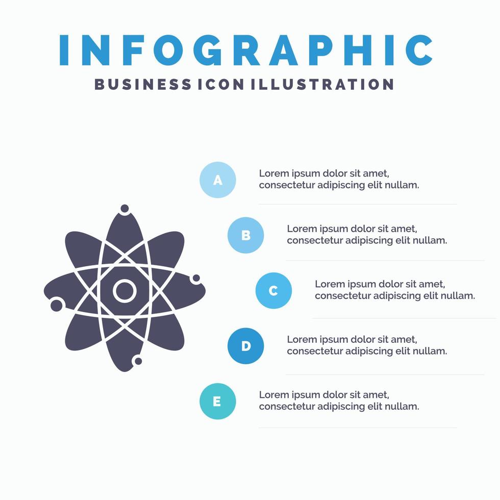 átomo. nuclear. molécula. química. plantilla de infografía científica para sitio web y presentación. icono de glifo gris con ilustración de vector de estilo infográfico azul.