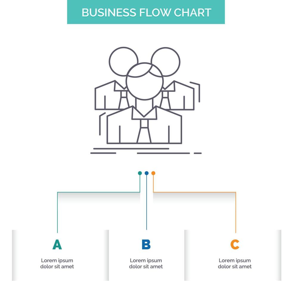 equipo. trabajo en equipo. negocio. reunión. diseño de diagrama de flujo empresarial grupal con 3 pasos. icono de línea para el lugar de plantilla de fondo de presentación para texto vector