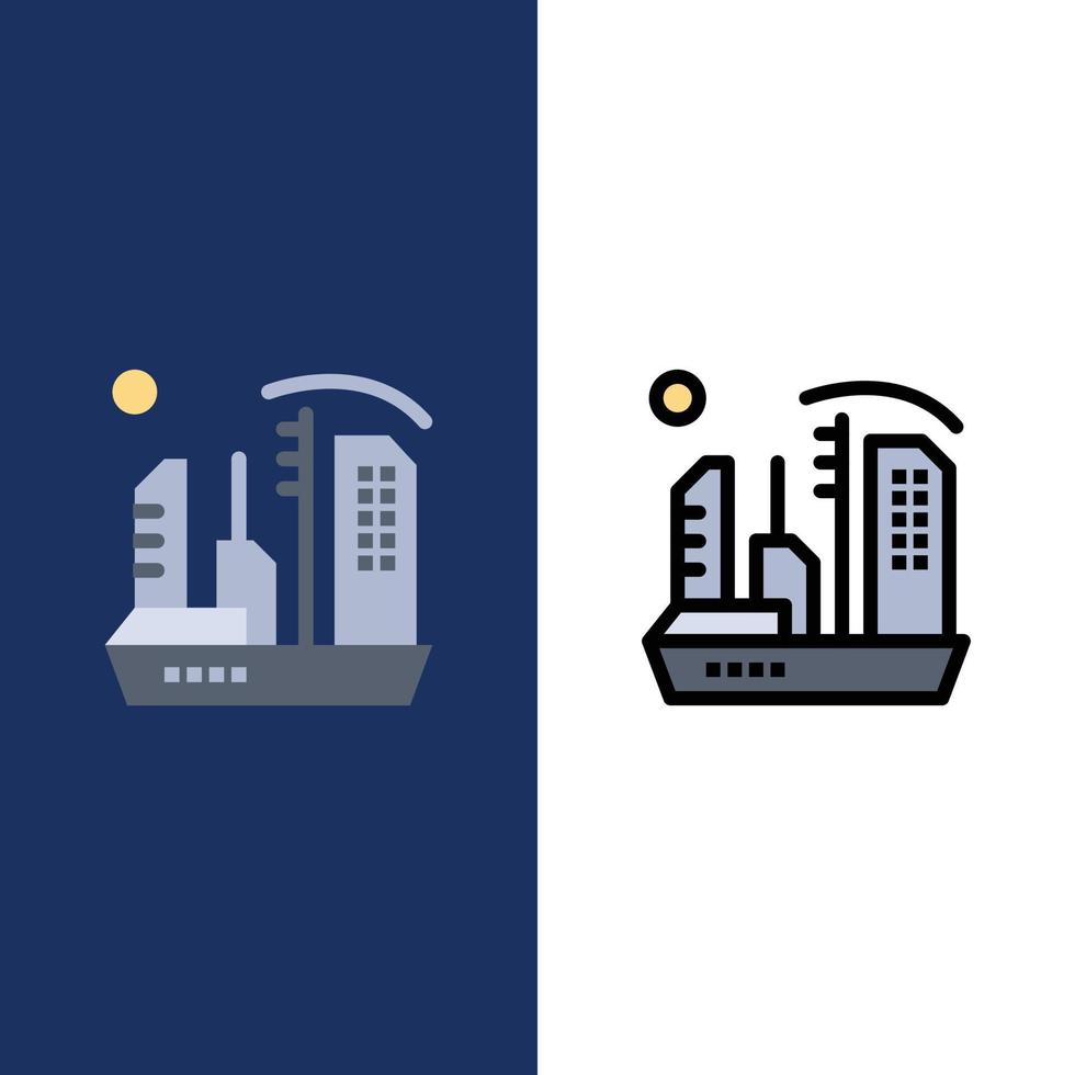 colonización de la ciudad colonia domo expansión iconos planos y llenos de línea conjunto de iconos vector fondo azul