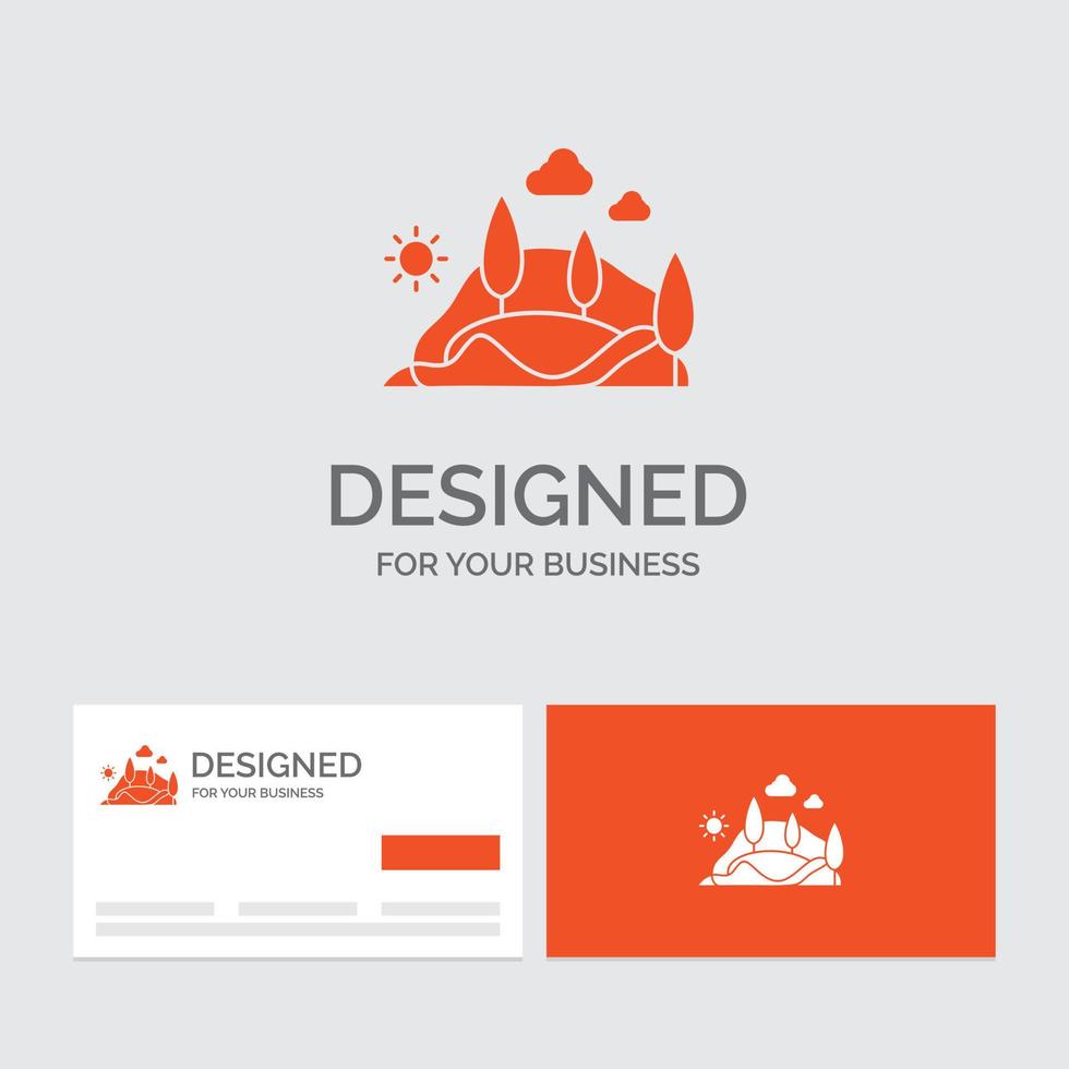 Business logo template for hill. landscape. nature. mountain. tree. Orange Visiting Cards with Brand logo template. vector